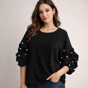 Elegant Black Pearl-Embellished Women's Lior Paris Bunched Sleeve Top — Size XL